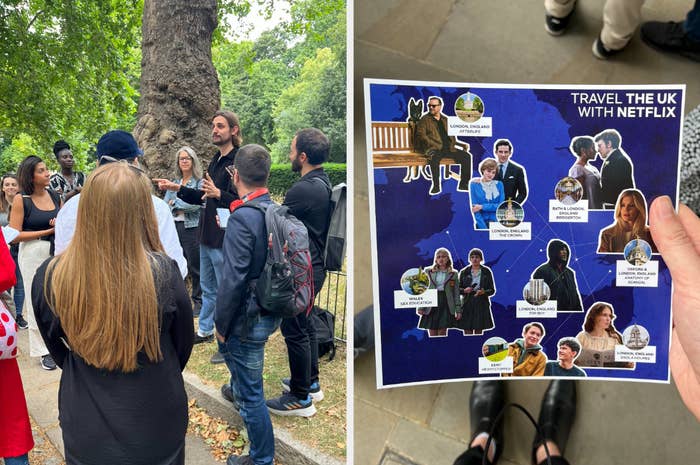 Side by side of our group on our tour in a leafy alcove and the pamphlet we were given that shows several netflix shows on a map