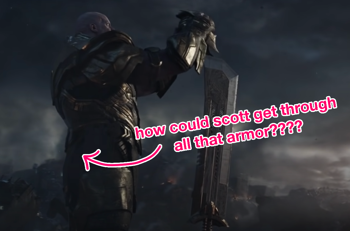 An arrow and text pointing out Thanos&#x27;s armor