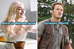 On the left, Anne Hathaway as the White Queen in Alice in Wonderland, and on the right, Chris Pratt as Owen in Jurassic World