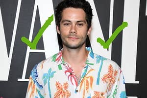 Dylan O'Brien wears a colorful floral shirt