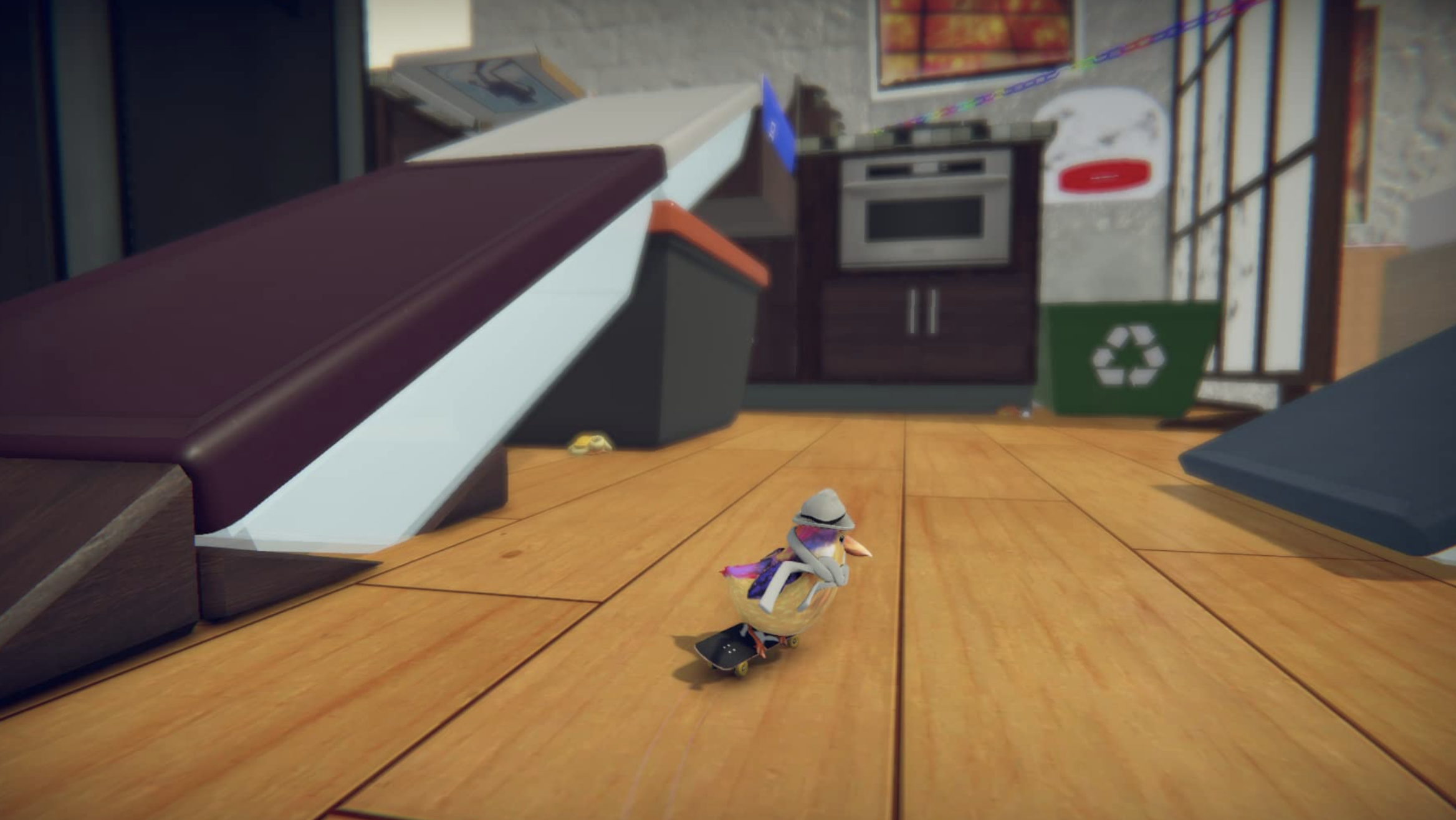 A screenshot of the game of the bird riding a skateboard