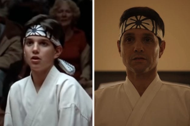 Ralph Macchio as Daniel LaRusso fights Johnny in &quot;The Karate Kid,&quot; and he tries on his karate gear again in &quot;Cobra Kai&quot;