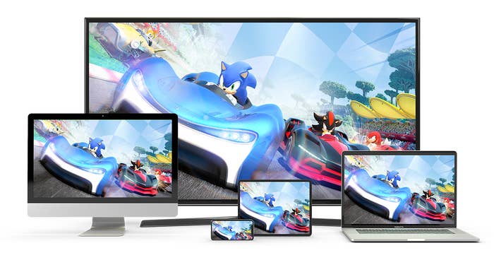 A &quot;Sonic&quot; racing game being shown on multiple devices
