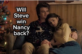 Steve Harrington cuddles Nancy Wheeler on a couch