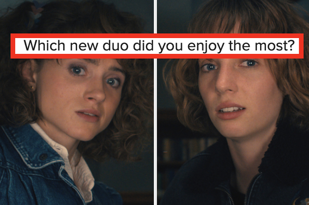 A close up of Nancy Wheeler and Robin Buckley as they stand next to each other