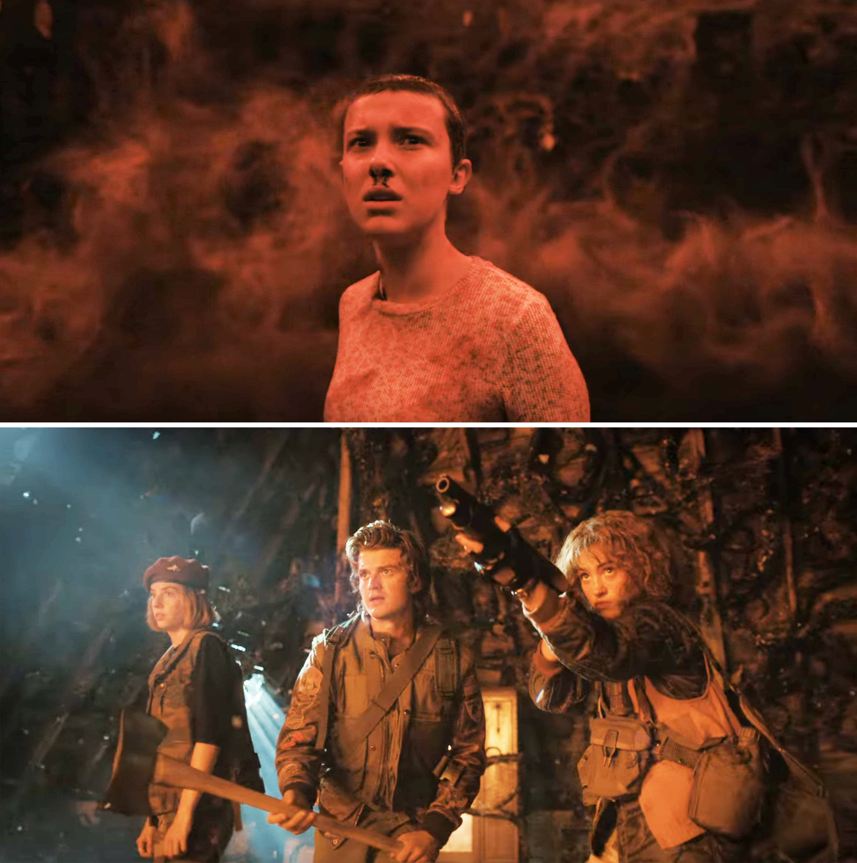 Above, Eleven&#x27;s nose bleeds in an orange haze, below, a trio in a battle