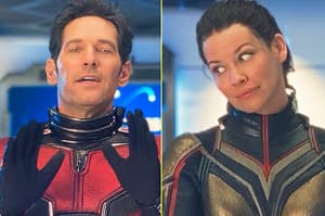 Paul Rudd trying to explain and Evangeline Lily giving a heavy side eye