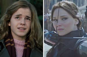 On the left, Hermione from Harry Potter, and on the right, Katniss from The Hunger Games