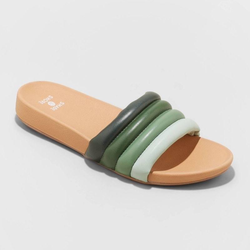 A gradient of 4 shades of green sandals with a tan base