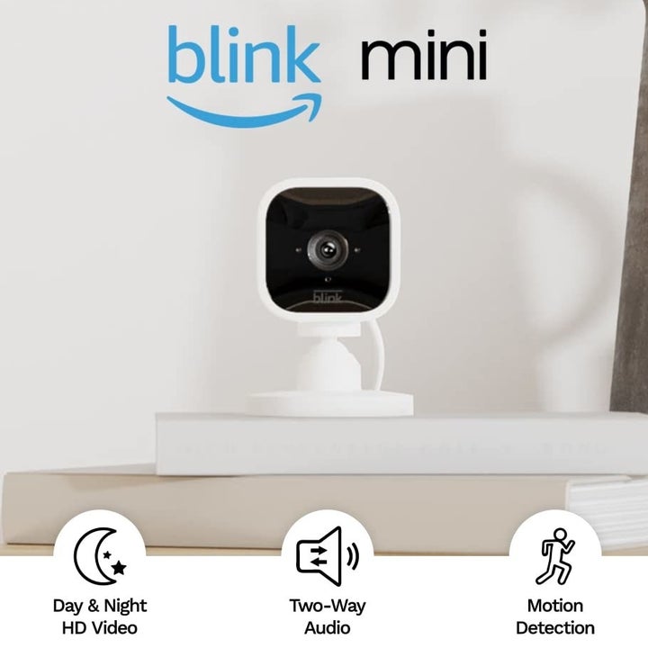 the security camera and text reading "Blink Mini" and "Day &amp; Night HD Video, two-way audio, motion detection"
