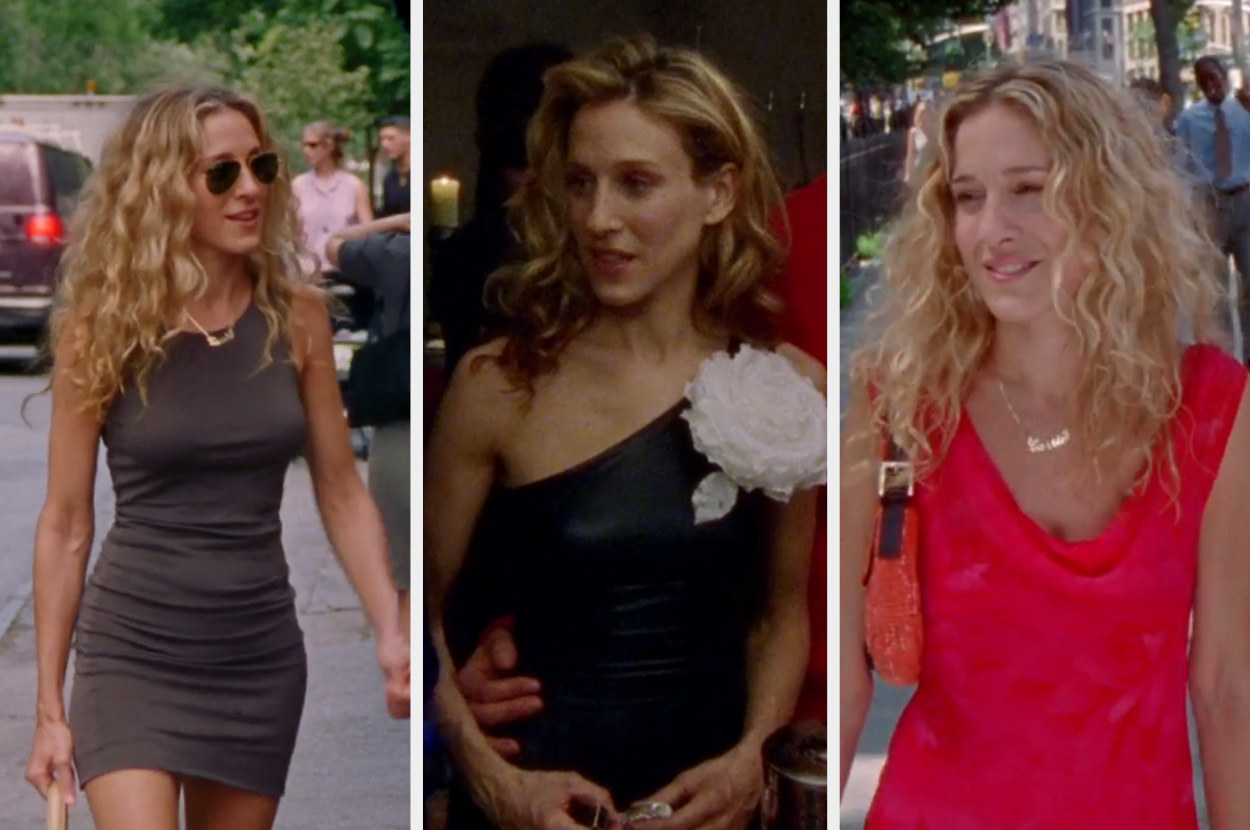 Sarah Jessica Parker as Carrie wears a mini dress and sunglasses, a patent leather dress and a red dress