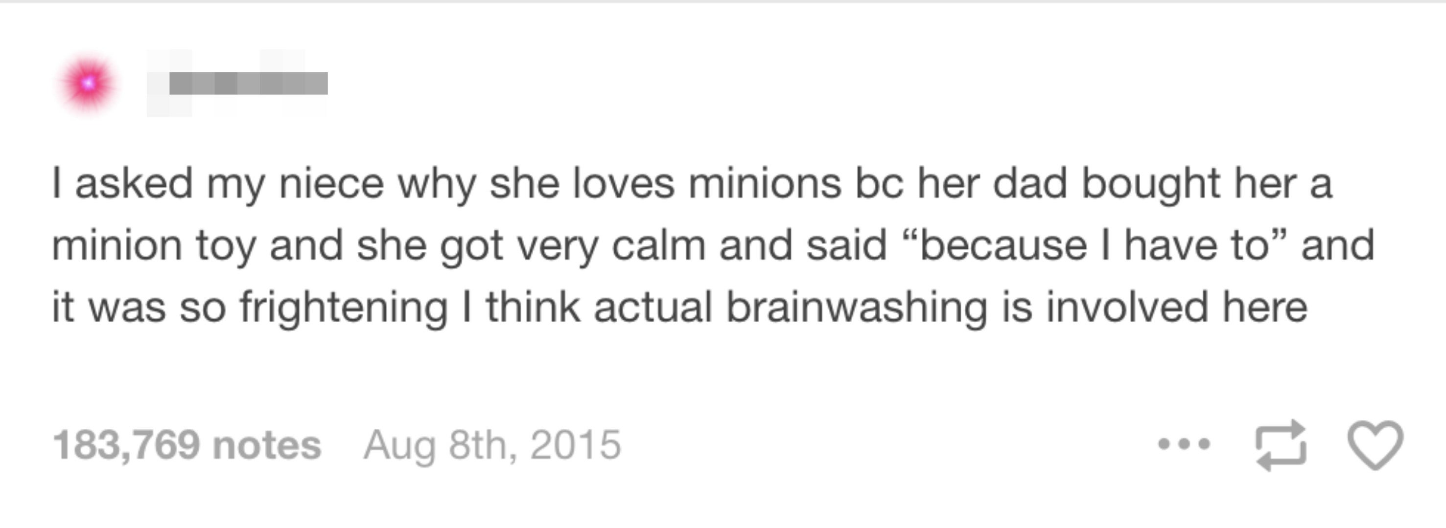 a person their niece loves minions because she has to