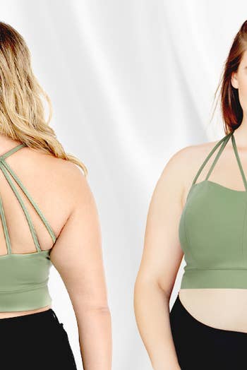 a model showing the back of the top in sage green