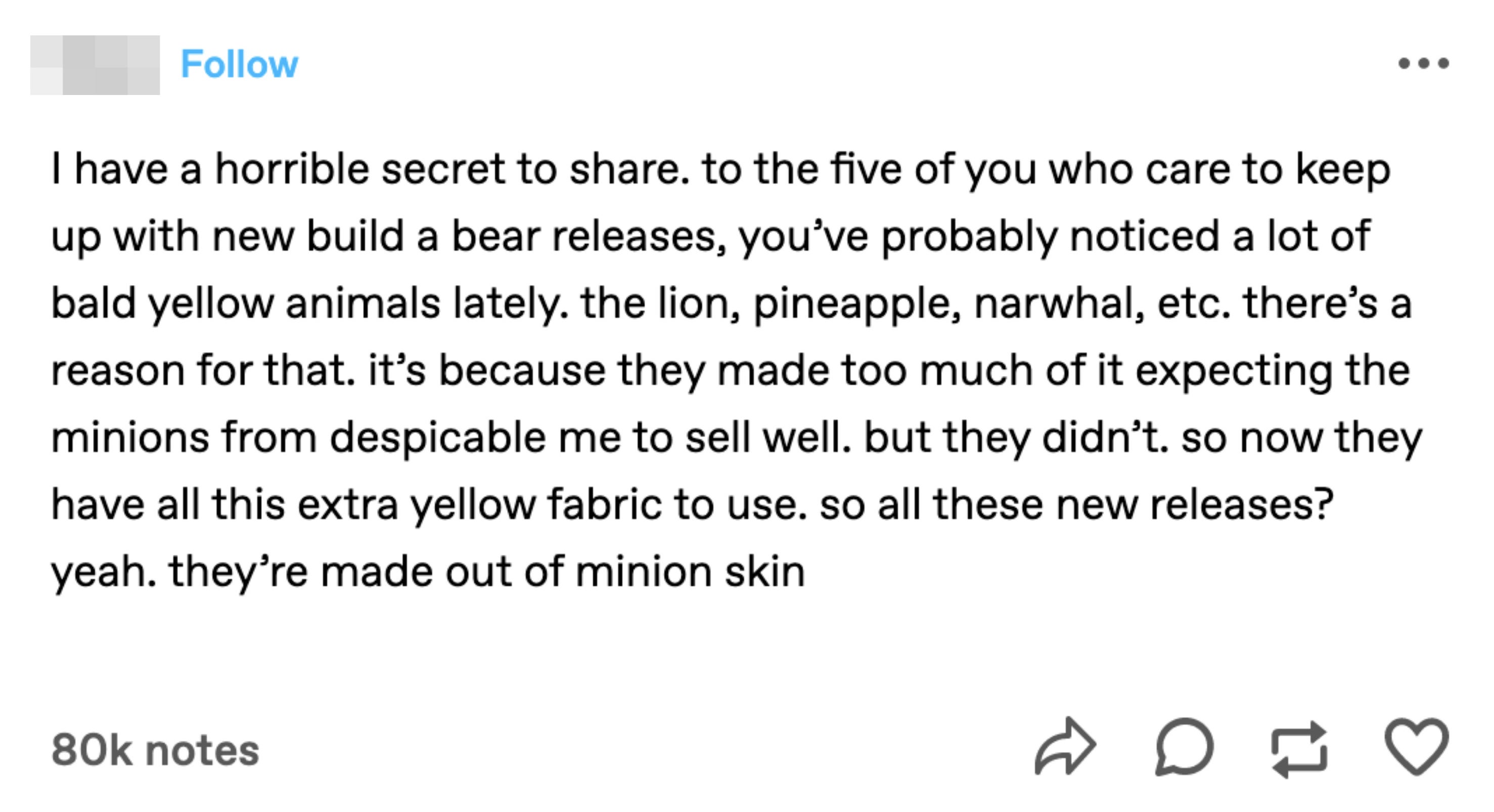 someone informing people about build a bear releases due to fabric surplus from minions run