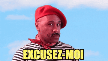 a man in a beret in and fake mustache to look french with text, excusez moi