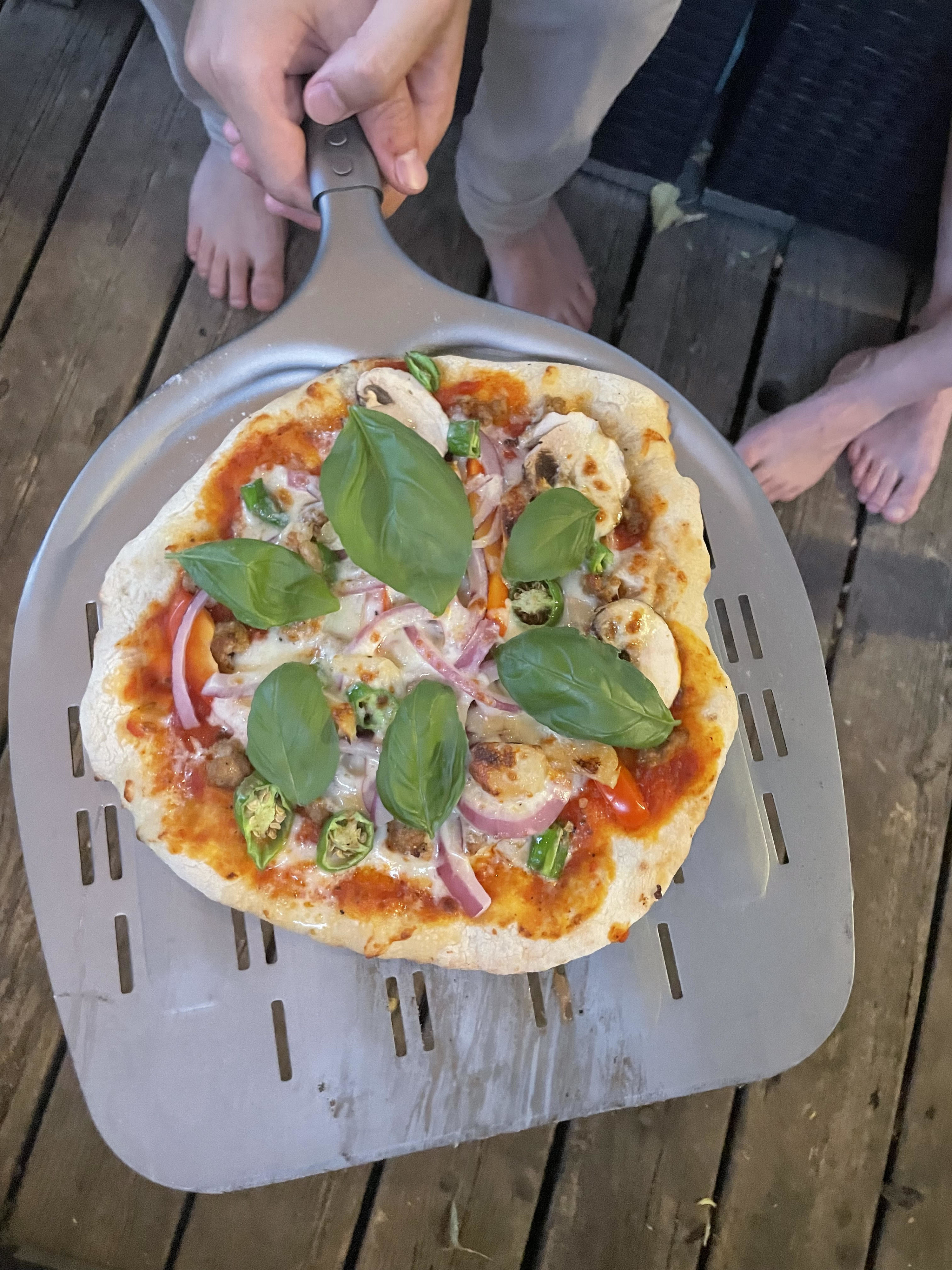 A pizza on the paddle