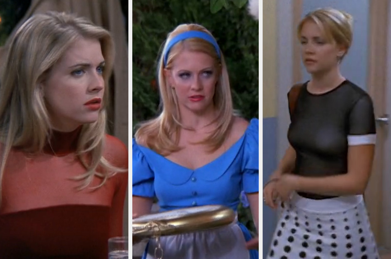 Melissa Joan Hart as Sabrina wears a red blouse, an &quot;Alice in Wonderland&quot; costume, and a black and white outfit