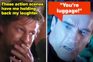 man holds back laughter and a man says "you're luggage"