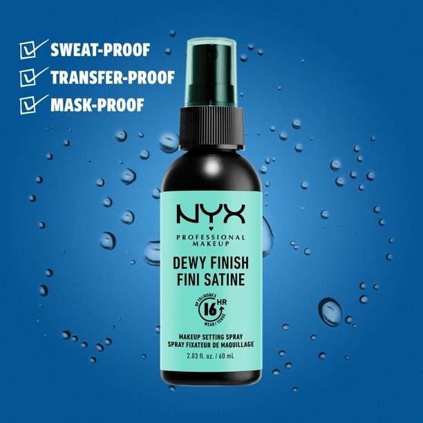 the setting spray against a blue background
