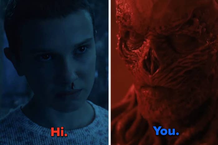 Eleven bathed in blue light in &quot;Stranger Things&quot;/Vecna bathed in red light in &quot;Stranger Things&quot;
