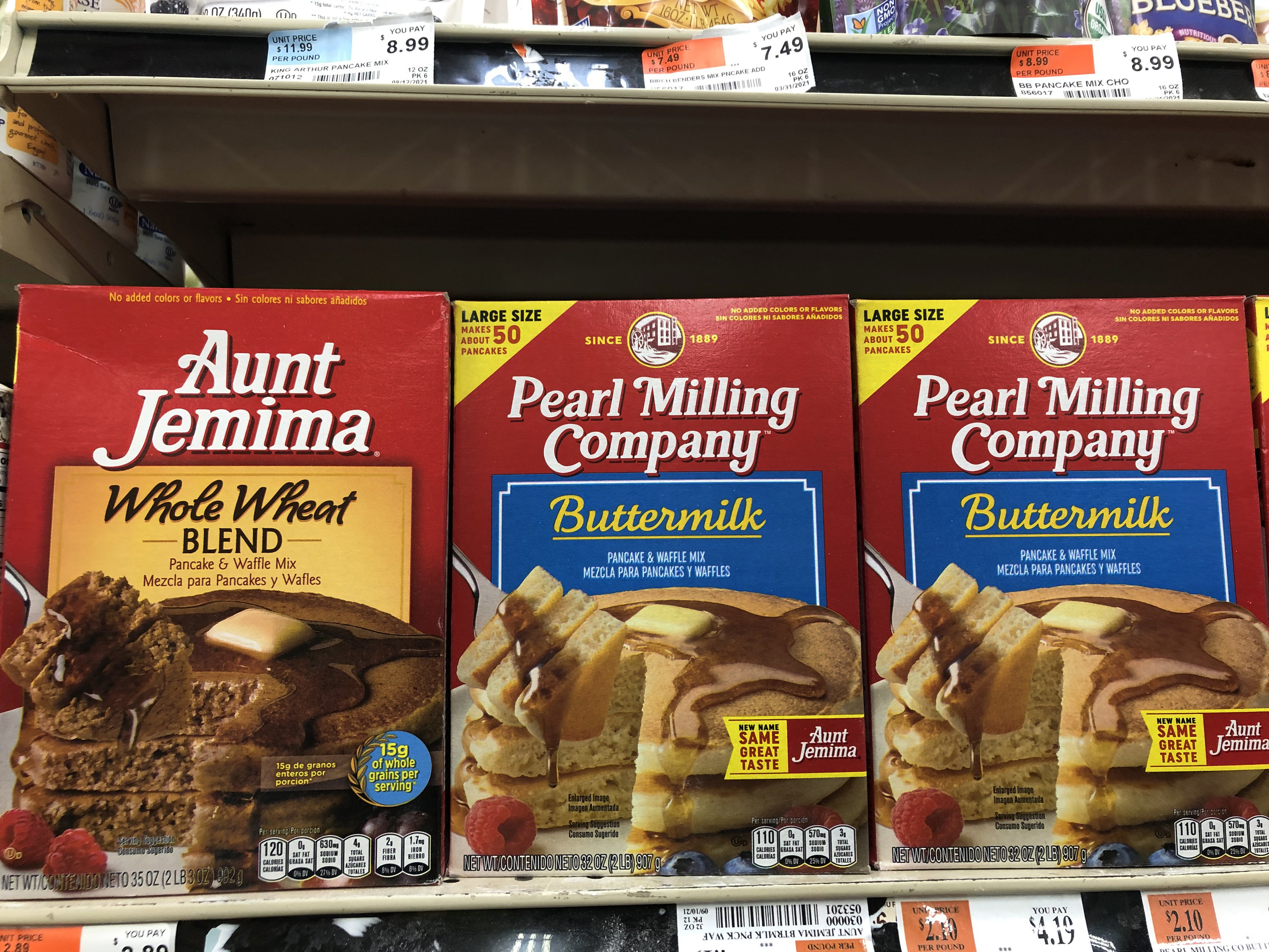 boxes of pancake mix on the shelf