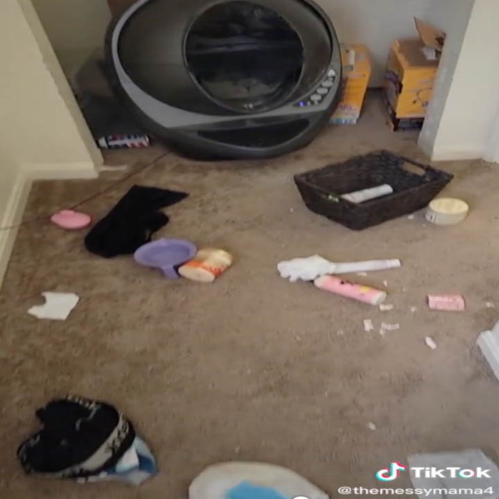 A couple of containers and a basket on the carpeted floor