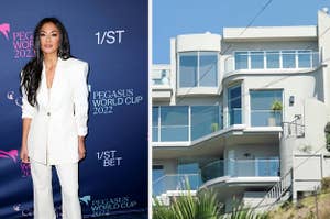 On the left side Nicole Scherzinger attends the 2022 Pegasus World Cup in Florida and the right image shows her mansion on top of a hill