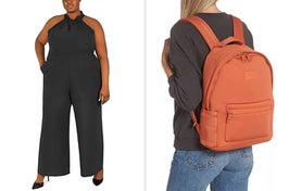 on the left a black halter jumpsuit, on the right a coral dagne dover backpack