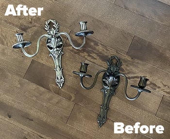 reviewer photo of two metal sconces — one is dark and tarnished while the other is bright and shiny after being cleaned with bar keepers friend