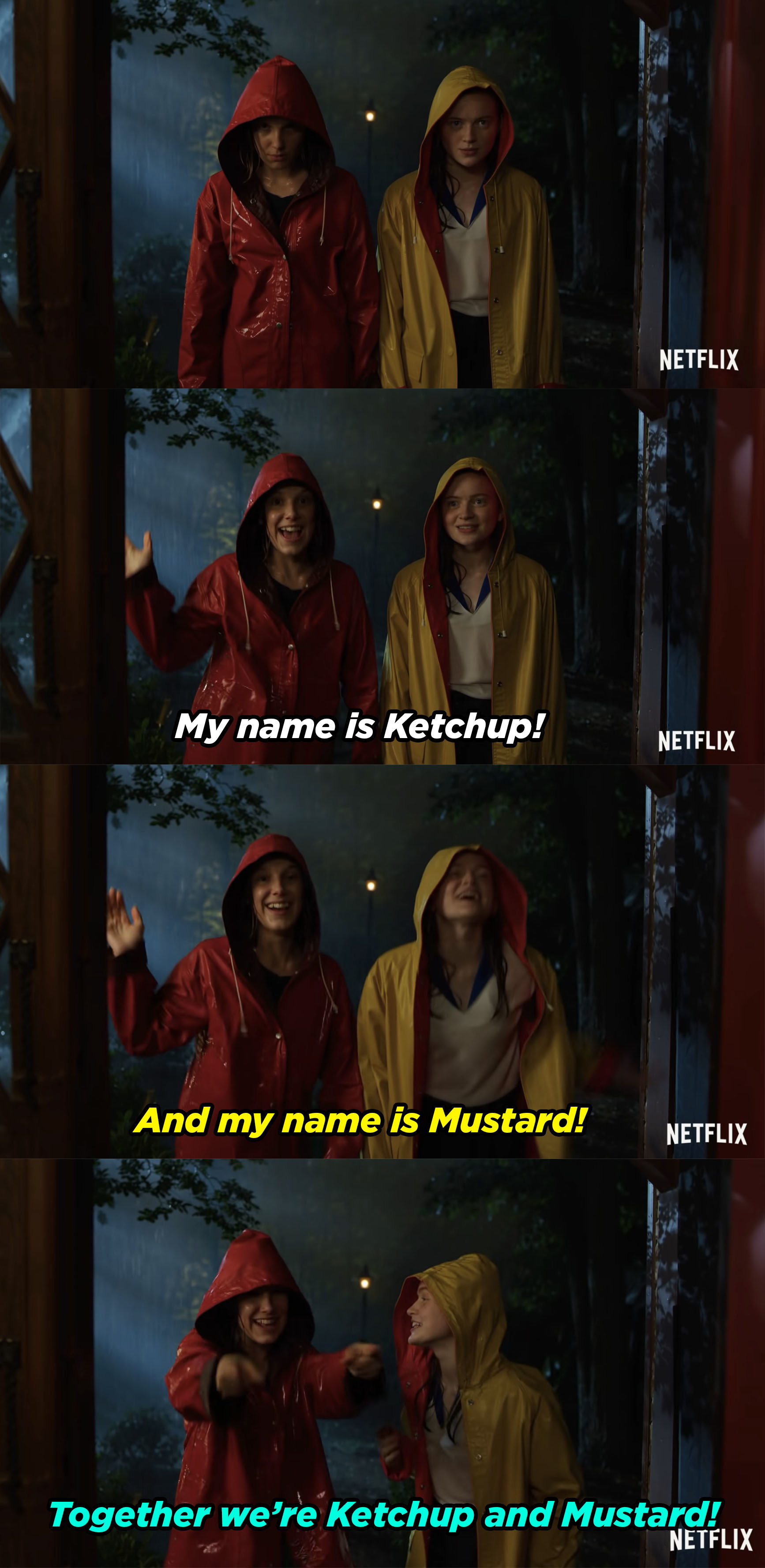 the girls saying together they are ketchup and mustard