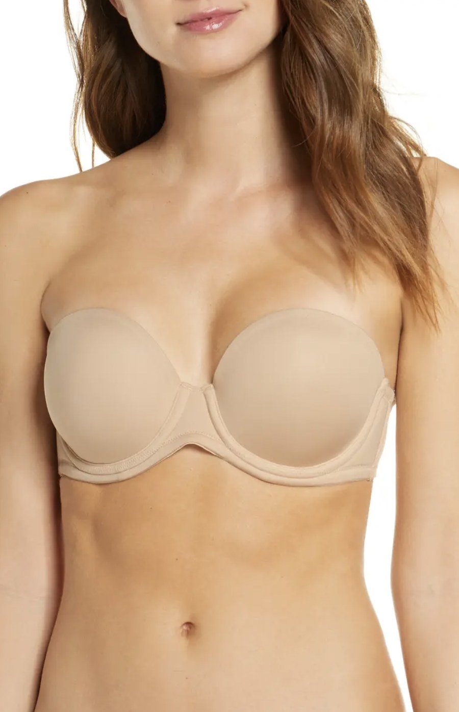 Model in the beige strapless bra