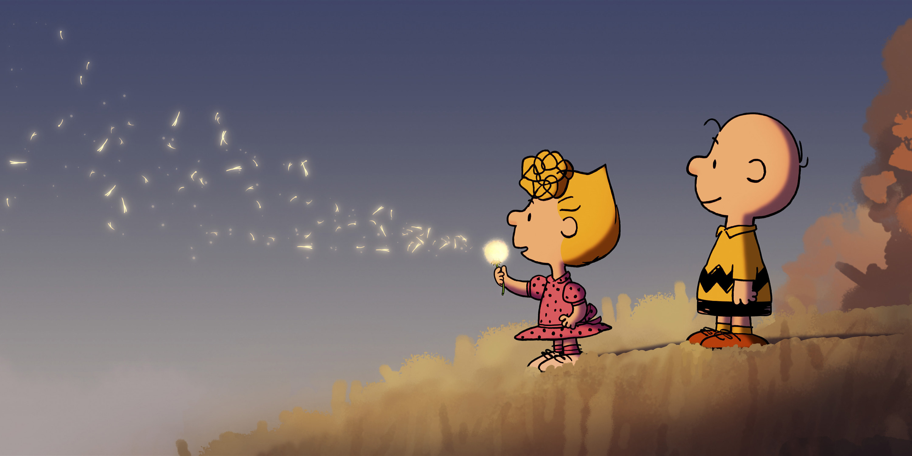 Charlie Brown stands with Sally on a hill