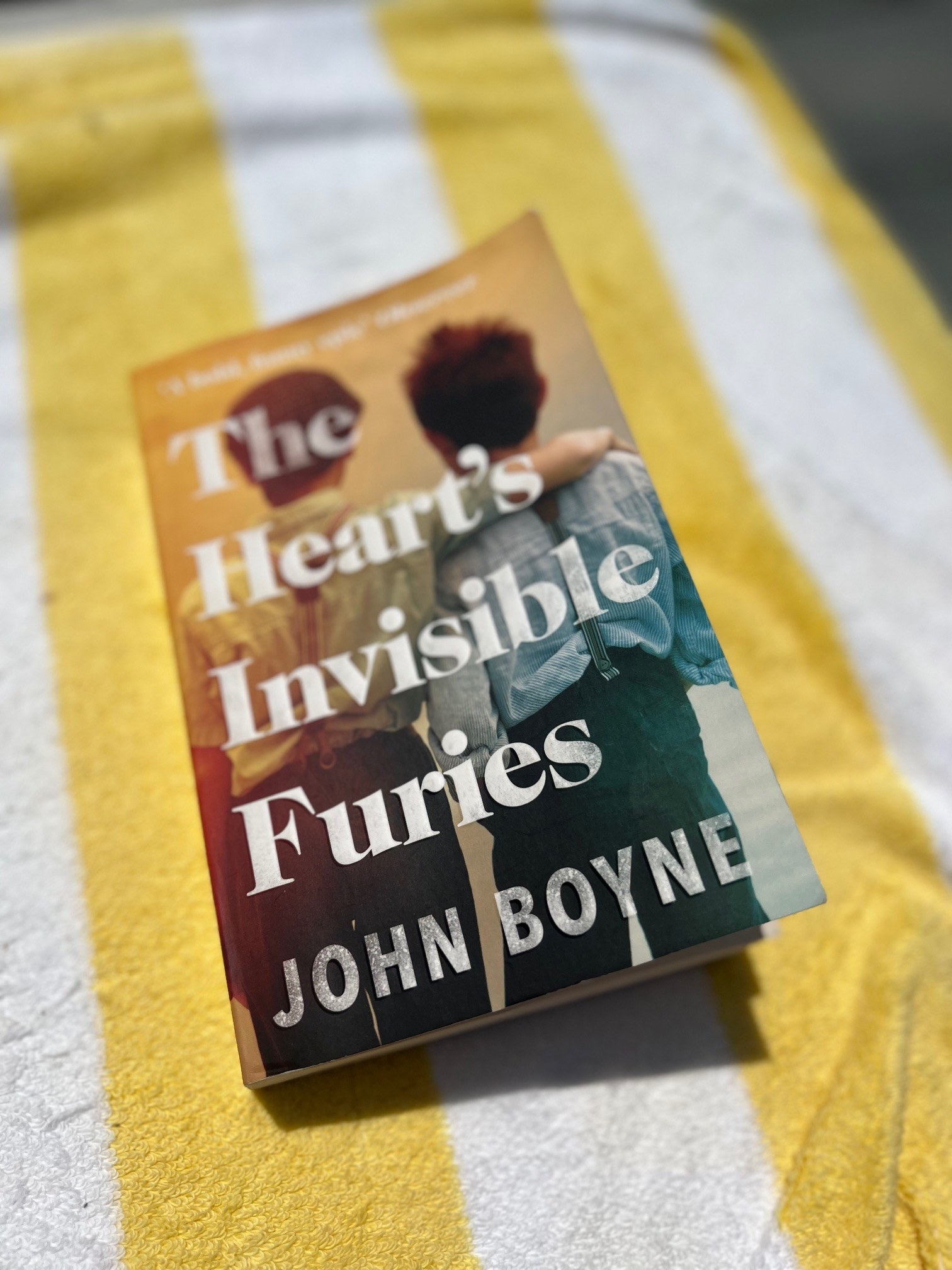 &quot;The Heart&#x27;s Invisible Furies&quot; by John Boyne on a beach towel.