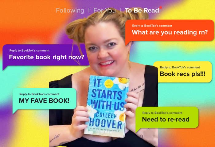 Colleen Hoover surrounded by comment bubbles asking for book recommendations