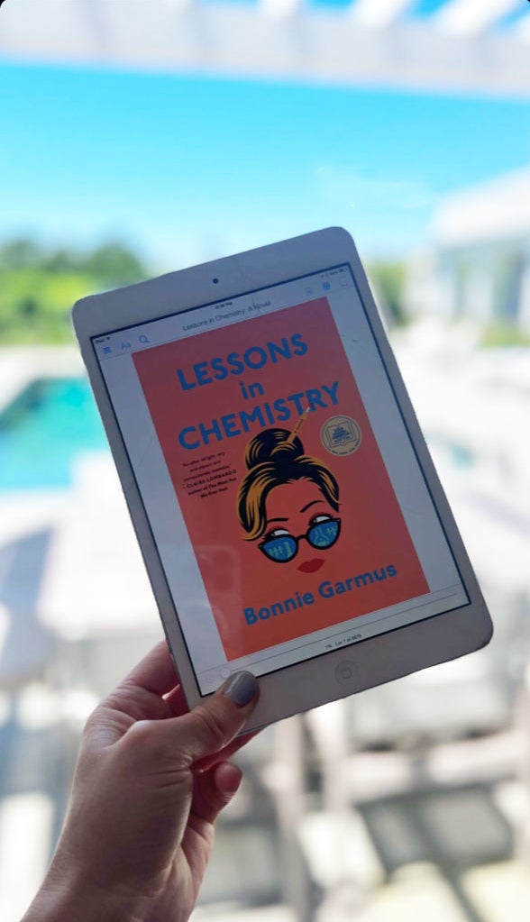 The cover of "Lessons in Chemistry" by Bonnie Garmus on a Kindle.