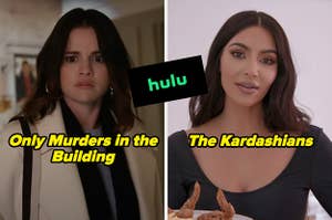 On the left, Selena Gomez as Mabel on Only Murders in the Building, and on the right, Kim Kardashian on The Kardashians with a Hulu logo in between Selena and Kim