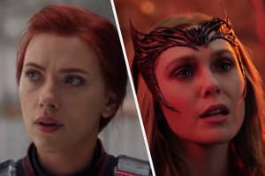 A close up of Natasha Romanoff in a space suit and Wanda Maximoff wearing a crown