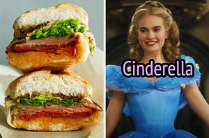 On the left, an Italian sub cut in half and stacked, and on the right, Lily James as Cinderella in the live-action movie
