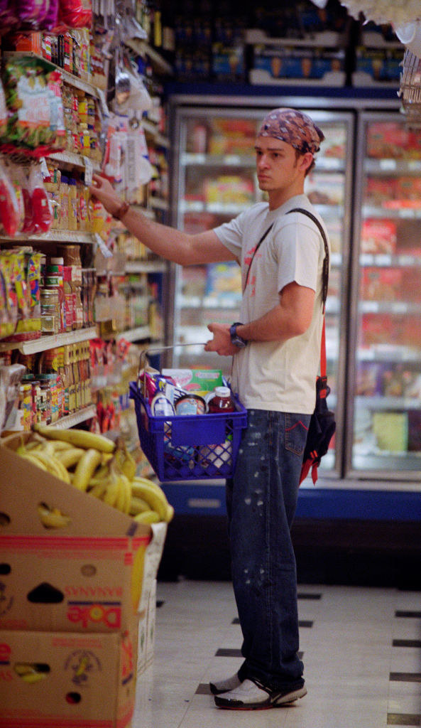 justin timberlake in the grocery store wearing a bandana on his head
