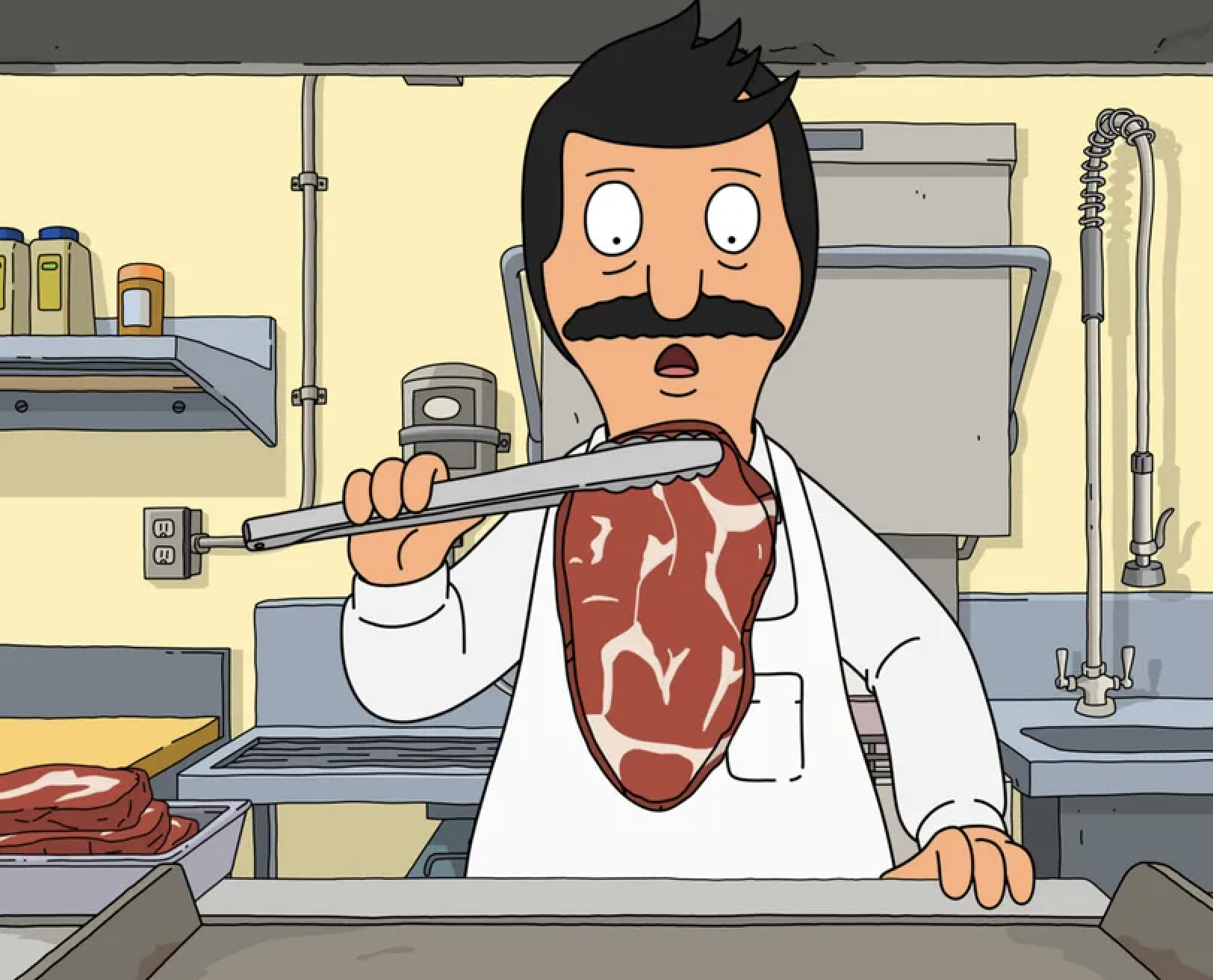a cartoon character picking up meat with tongs