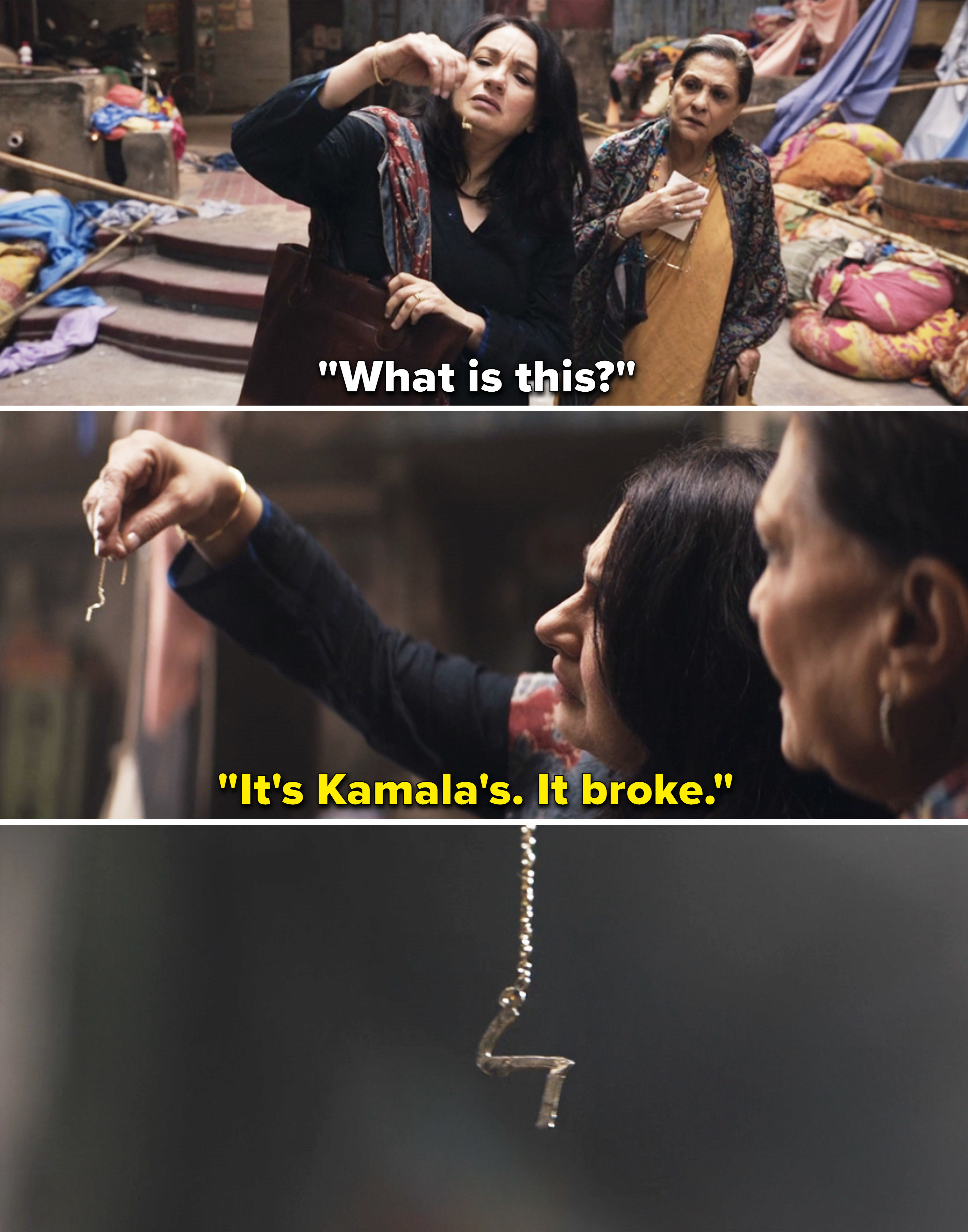 Kamala&#x27;s mom holding up her necklace and saying, &quot;It broke.&quot;