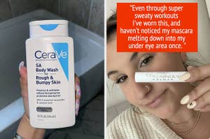 left image: cerave sa body wash bottle, right image: writer ali wearing l'oreal voluminous eyelash primer on eyes