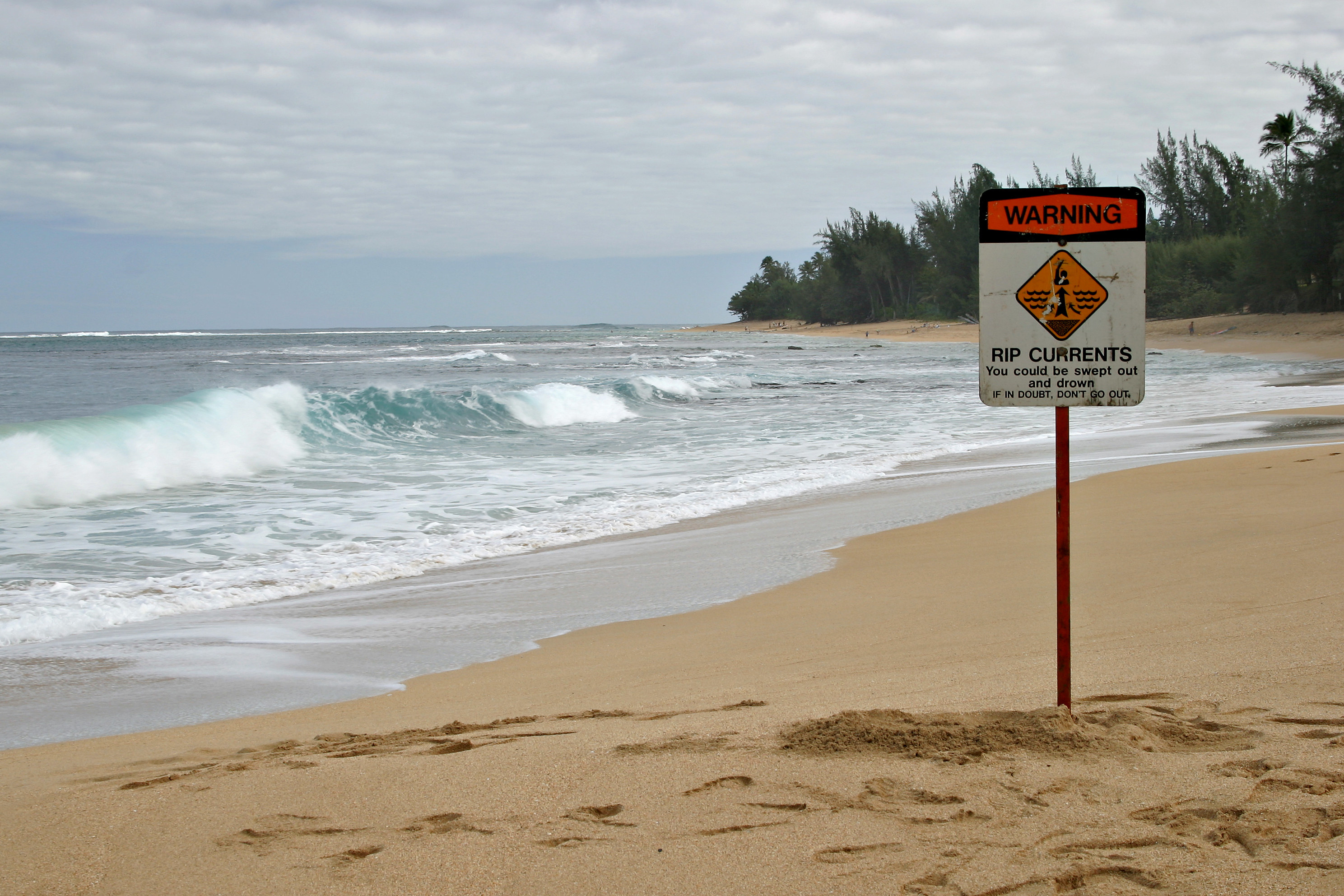 A beach scene with a &quot;Warning: Rip currents&quot; sign in the sand