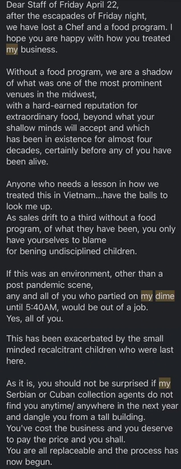 A note from a boss to employees, ending in, &quot;You are all replaceable and the process has now begun.&quot;