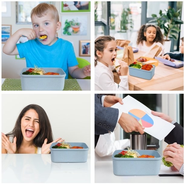 Four photos showing kids and adults using bento box