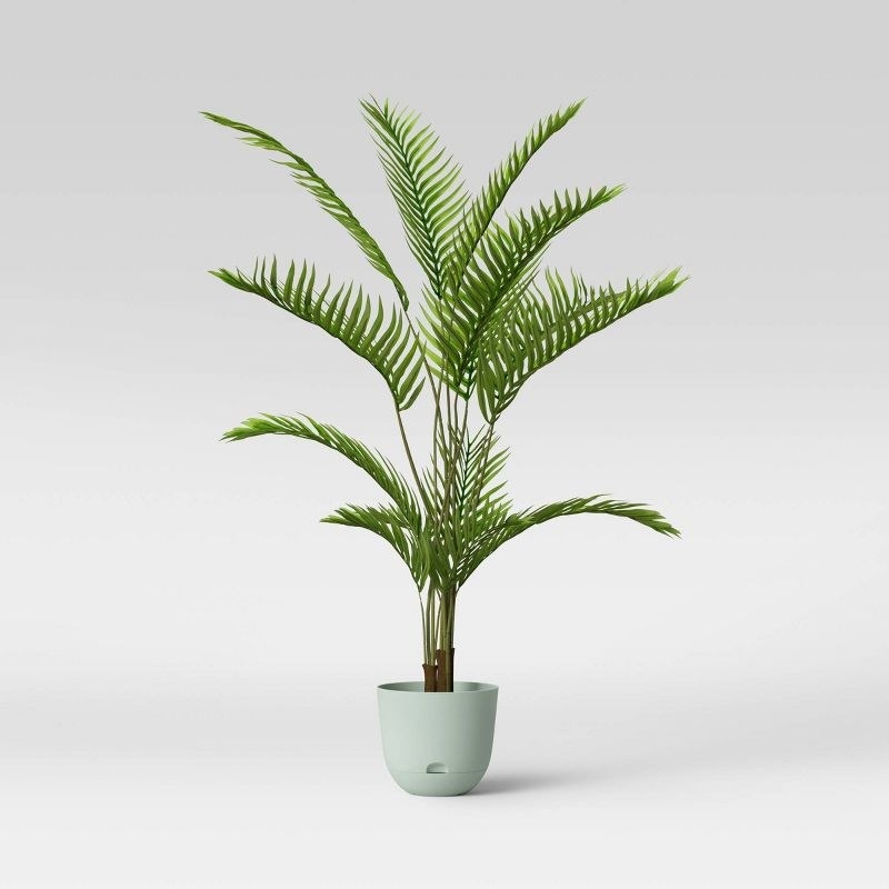 a mint colored self-watering planter with palm frowns