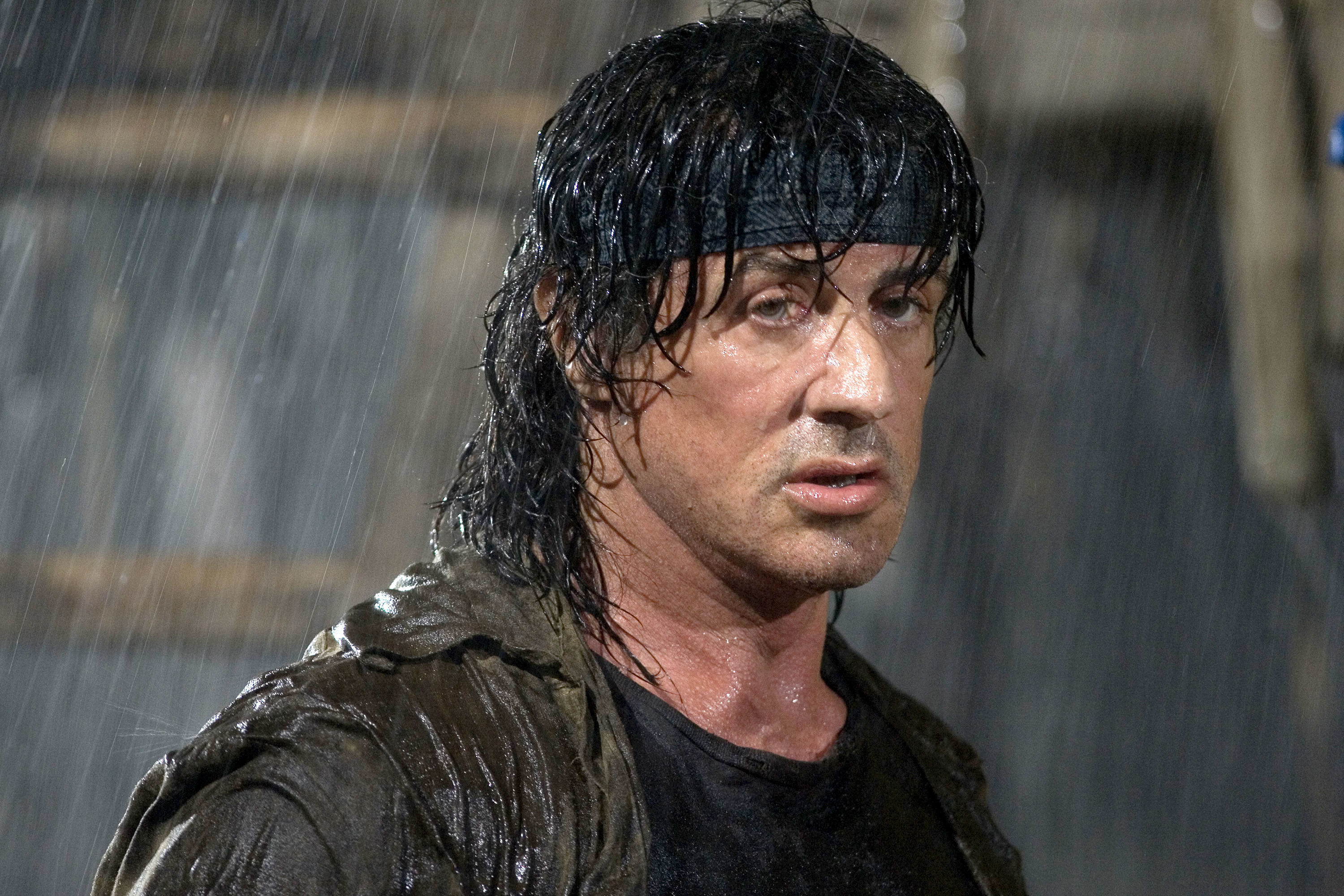 Sylvester as Rambo in the rain