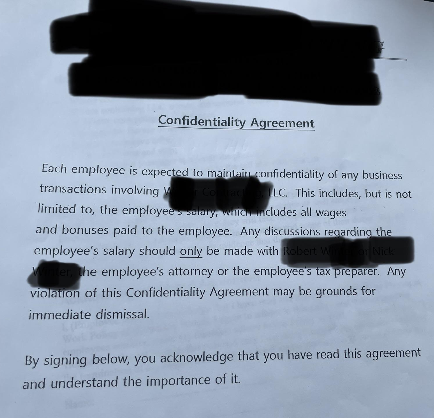 A notice from employers asking employees not to talk about compensation