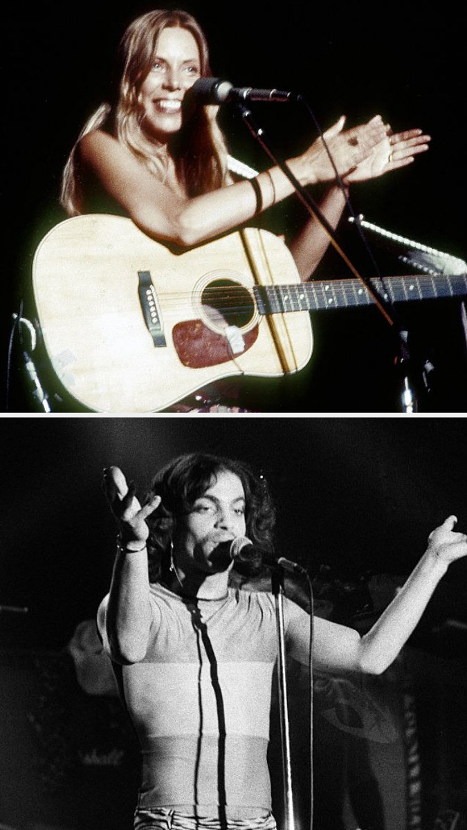 Mitchell performing in concert in 1974; Prince performing in concert in 1979