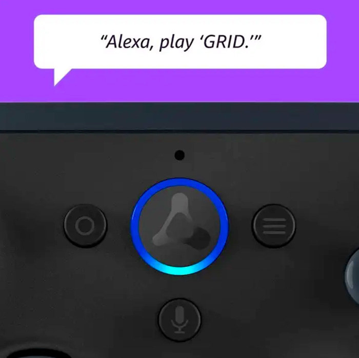 Close-up of Luna Controller with text saying, &quot;Alexa, play &#x27;GRID&#x27;&quot;